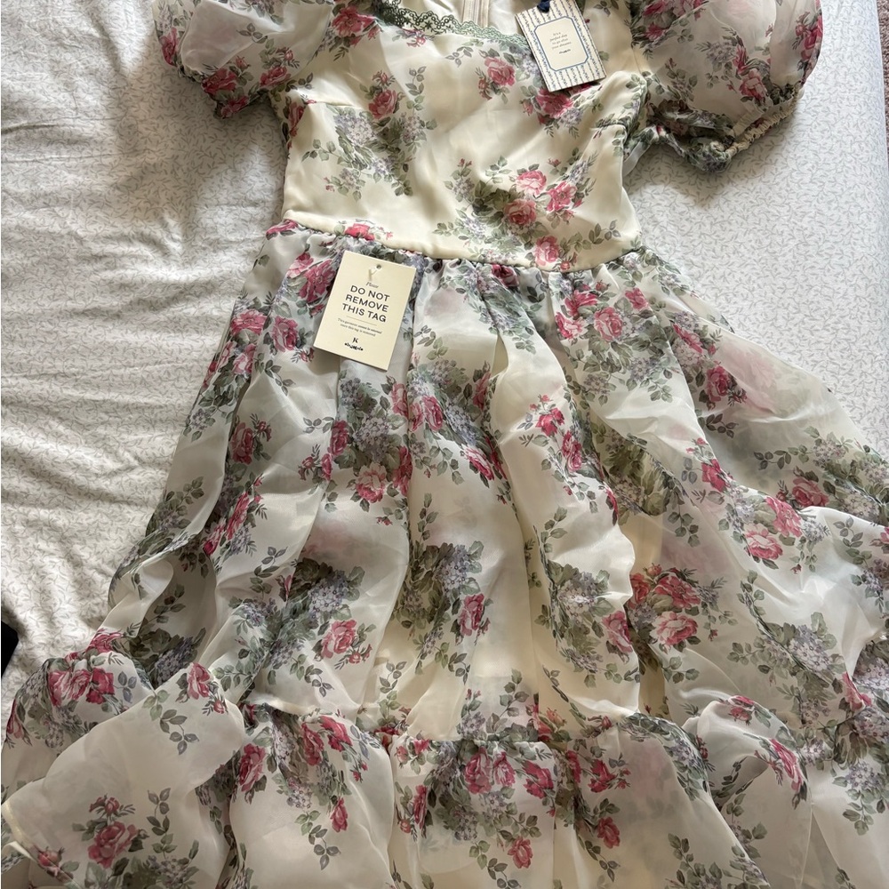 JessaKae White Floral Midi Dress with Pink & Green Accents - Picture 3 of 5